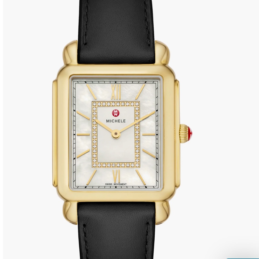MICHELE Deco II Mother of Pearl Diamond 18K Gold Plated Leather Band Watch